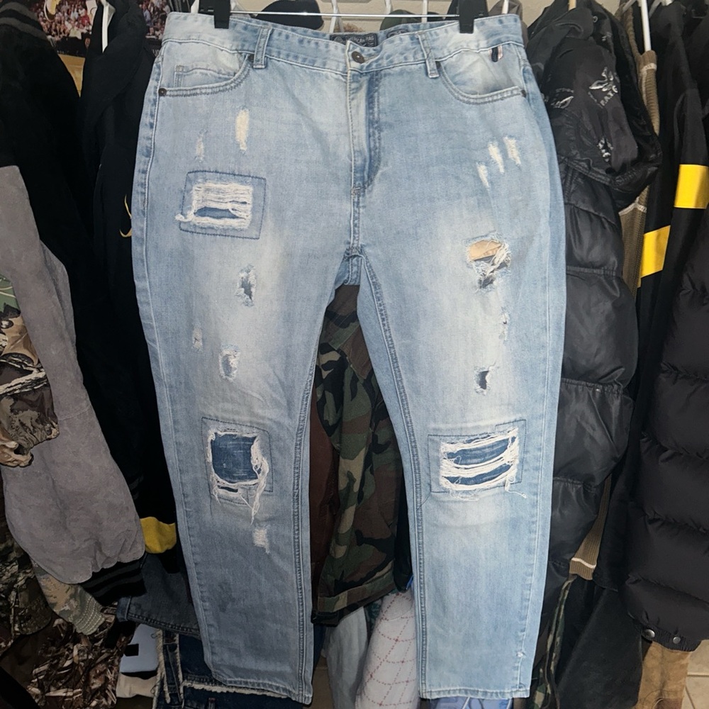 Y2K American Rag Patchwork Light Wash Jeans Mens 34x32 - Picture 1 of 5